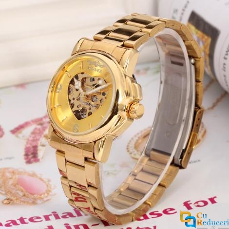 Ceas de dama, Winner schelet automatic-mecanic, Gold, bratara din otel inoxidabil, rezistent la zgarieturi, stil fashion + cutie cadou