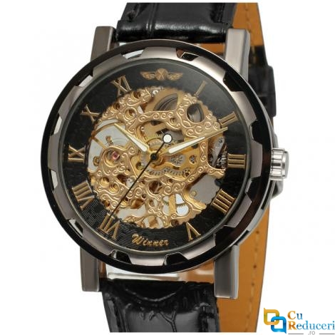 Ceas barbatesc Winner, schelet auriu, curea din piele neagra, mecanism automatic-mecanic, stil Fashion + cutie cadou