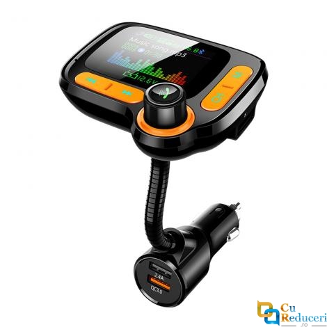 Modulator Fm, ecran mare color LCD 1.77, Bluetooth 5.0, suporta disc U max 32G + TF max 32G, incarcatare rapid QC 3.0, Mp3 Player, Aux, hands-free, microfon incorporat
