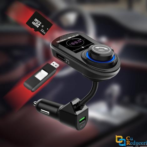 Modulator Fm, ecran mare color LCD 1.8, Wireless, Bluetooth 5.0, suporta disc U max 32G + TF max 32G, USB Mp3 Player, Aux, microfon incorporat, incarcatare rapid QC 3.0, Hands-free 