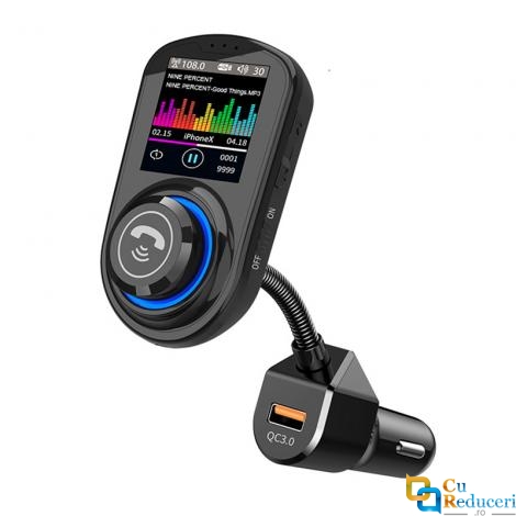 Modulator Fm, ecran mare color LCD 1.8, Wireless, Bluetooth 5.0, suporta disc U max 32G + TF max 32G, USB Mp3 Player, Aux, microfon incorporat, incarcatare rapid QC 3.0, Hands-free 