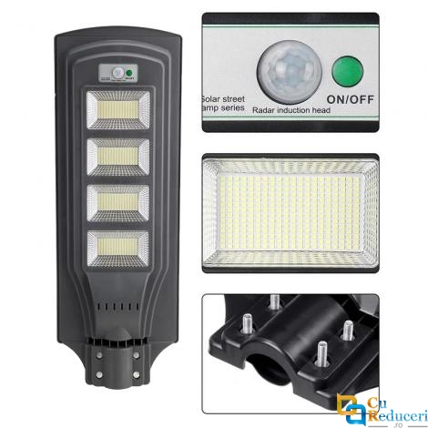 Lampa solara stradala 120W, 200 Led-uri SMD, panou solar incorporat, acumulator, senzor de miscare si lumina, telecomanda cu functii multiple, brat de montare inclus, baterii telecomanda incluse