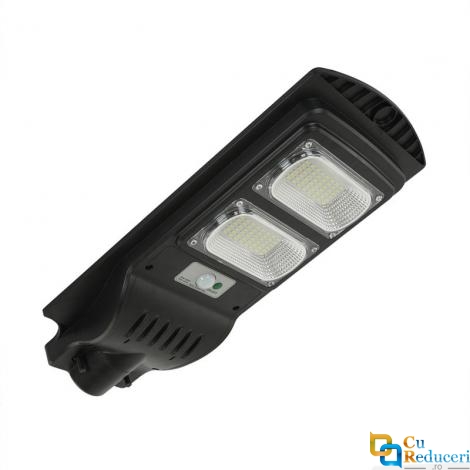 Lampa solara stradala 60W, 100 Led-uri SMD, panou solar incorporat, acumulator, senzor de miscare si lumina, telecomanda cu functii multiple, brat de montare inclus, baterii telecomanda incluse