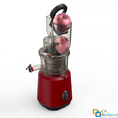 Storcator de fructe si legume cu melc, 240W, 65 RPM, antipicurare, recipient suc 700 ml, recipient pulpa 700 ml, functie reverse, presare la rece, tub alimentare 7.6 cm, rosu
