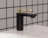 Baterie pentru chiuveta Momali, corp din alama si maner din zinc, cartus ceramic, cu aerator, culoare negru cu auriu, set prindere si doua racorduri flexibile incluse