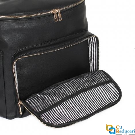 Set 6 piese Rucsac pentru mamici din piele ecologica, geanta cosmetica, salteluta pliabila, bretele pentru atasarea la carucior, curea de umar, suport termoizolant, negru, 3 modalitati de purtare, impermeabil