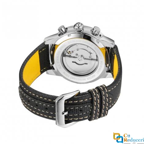Ceas barbatesc Forsining cu Moon Phase (arata noapte/zi), curea din piele neagra, mecanism automatic-mecanic, elegant si rafinat intr-un design clasic