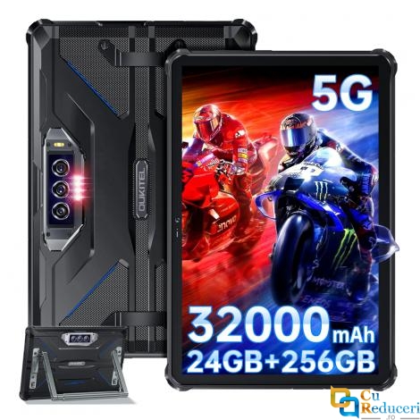 Tableta Oukitel RT7 Titan 5G Neagra, display FHD+ 10.1 inch, capacitate baterie 32000 mAh, 33W, Dual SIM, Android 13, Memorie RAM 12 Gb + 12 Gb extensibil, memorie ROM 512 Gb, OTG, NFC, Dimensity 720 Octa-Core