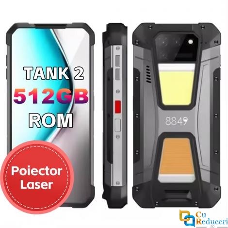 Telefon mobil Unihertz 8849 Tank 2, Proiector laser, 4G, Display FHD+ de 6.81 inch, Memorie RAM: 12GB + 10 GB extindere, ROM: 512GB, camera 108 Mp, Android 13, Baterie 15500 mAh, Dual SIM