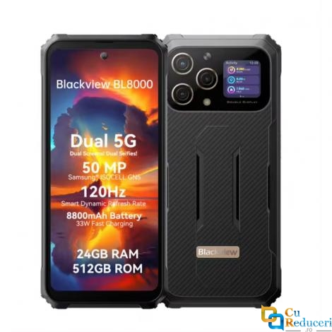 Telefon mobil Blackview BL8000, Negru, 5G, 6.78 inch 2.4K FHD+ 120Hz, Dual Display, capacitate baterie 8800 mAh, 24GB RAM (12 + 12 extensibil), 512GB ROM, Dual SIM, Android 13, NFC, 33W, WiFi 6, ArcSoft 8.0
