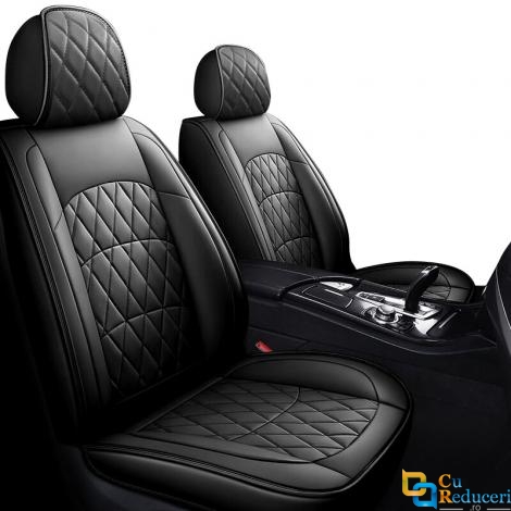 Set huse scaune auto, universale, editie de lux, material piele ecologica, scaune fata, spate, tetiere, compatibilitate Kia, Ford, Nissan, Hyundai, Toyota, 9 piese, negru