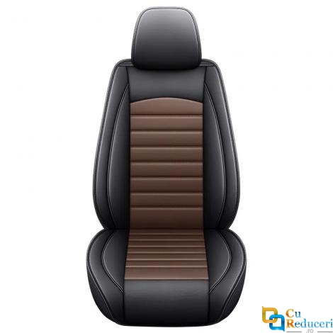 Set huse scaune auto, universale, editie de lux, material piele ecologica, scaune fata, spate, tetiere, negru cu maro, 12 piese