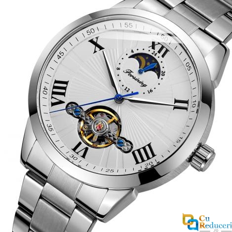 Ceas barbatesc Forsining silver, Skeleton, Moon Phase(arata noapte/zi), mecanism automatic, curea din otel inoxidabil, stil Fashion, tourbillon