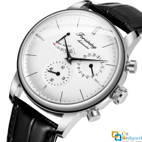 Ceas barbatesc Forsining, business, calendar, mecanism automatic-mecanic, curea din piele ecologica neagra, afisaj pentru rezerva de putere