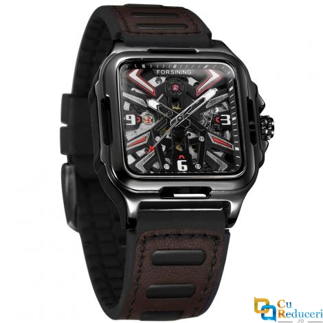 Ceas barbatesc Forsining, Skeleton, mecanism automatic-mecanic, curea din piele maro-neagra, Fashion