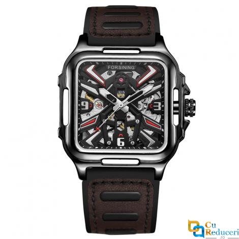 Ceas barbatesc Forsining, Skeleton, mecanism automatic-mecanic, curea din piele maro-neagra, Fashion