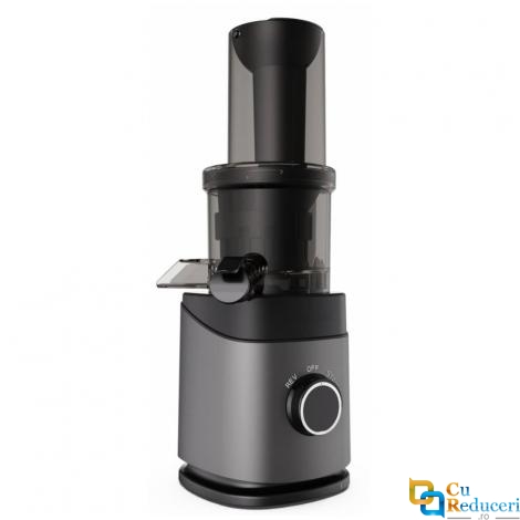 Storcator de fructe si legume cu melc, putere 150W, 65 RPM, antipicurare, recipient suc 700 ml, recipient pulpa 700 ml, functie reverse, presare la rece, tub alimentare de 45 mm si 76 mm, negru cu gri
