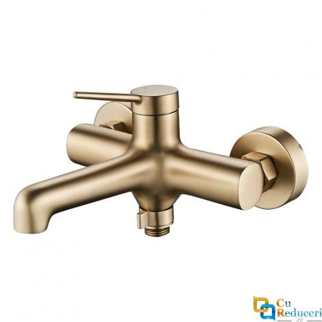 Baterie pentru cada/dus, Momali, corp si maner din alama, montaj pe perete, cartus ceramic, culoare auriu satinat, set prindere inclus