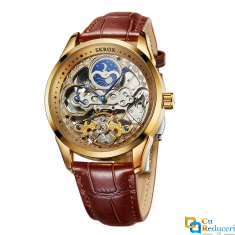 Ceas barbatesc SKROX golden, Skeleton, Moon Phase, mecanism automatic, curea din piele ecologica, stil Fashion, tourbillon