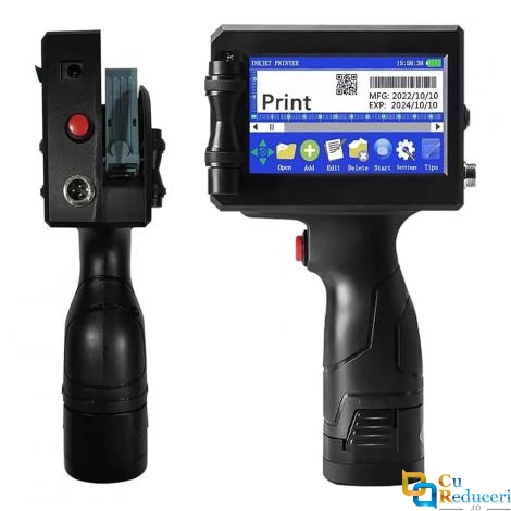 Imprimanta de mana portabila tip pistol BLIROWIN<sup>®</sup> cu touchscreen, imprimare logo, coduri de bare, date de expirare, coduri QR, compatibila pe suprafete multiple, cerneala cu uscare rapida, cartus negru lucios, dimensiune imprimare 1-12.7mm
