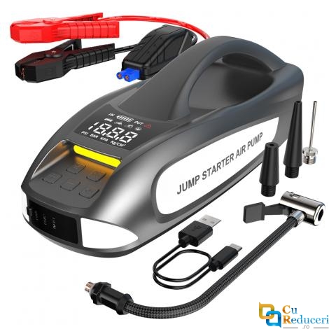 Redresor pornire auto/Jump Starter 12 V cu compresor de 4.35 BAR/150 PSI, curent de pornire 3000 A, curent maxim 6000 A, capacitate baterie 27000 mAh, lanterna 