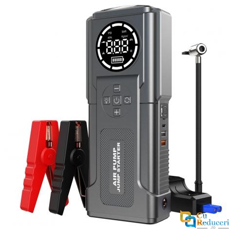 Redresor pornire auto/Jump Starter 12 V cu compresor de 4.35 BAR/150 PSI, curent de pornire 2000 A, curent maxim 4000 A, capacitate baterie 24000 mAh, lanterna 