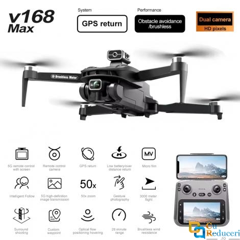 Drona V168 MAX, camera 8K UHD 5G GPS cu obiectiv de evitare obstacole la 360°, raza de actiune de 3000 m, motor fara perii, baterie 7.4V 3000 mAh, autonomie 30 min