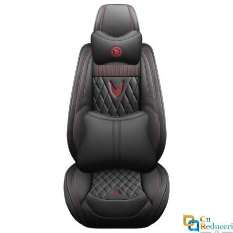 Set huse scaune auto, universale, editie de lux, material piele ecologica, scaune fata, spate, tetiere, volan, perna lombara, perna cap, culoare negru cu rosu, 16 piese