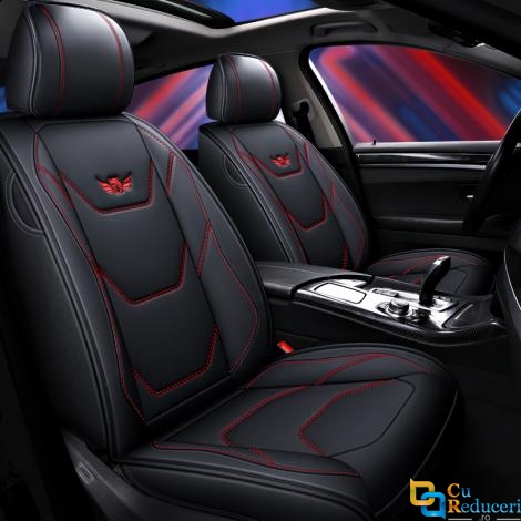 Set huse scaune auto, universale, editie de lux, material piele ecologica, scaune fata, spate, tetiere, volan, perna lombara, perna pentru cap, culoare negru cu linii rosii, 16 piese