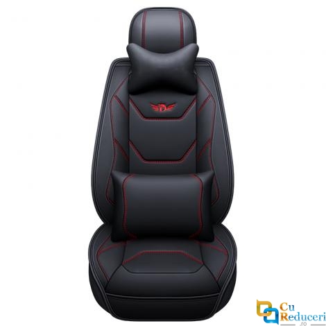 Set huse scaune auto, universale, editie de lux, material piele ecologica, scaune fata, spate, tetiere, volan, perna lombara, perna pentru cap, culoare negru cu linii rosii, 16 piese