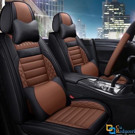 Set huse scaune auto, universale, editie de lux, material piele ecologica, scaune fata, spate, volan, tetiere, perna lombara, perna pentru cap, culoare negru cu maro, 16 piese