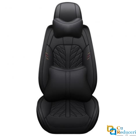 Set huse scaune auto, universale, material piele ecologica, editie de lux, scaune fata, spate, tetiere, volan, perna lombara, perna pentru cap, culoare negru, 16 piese