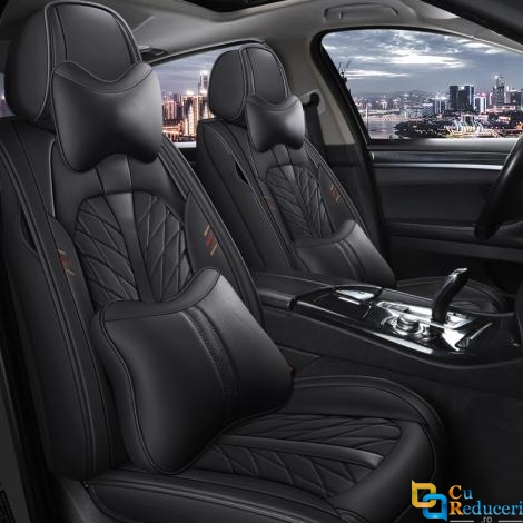 Set huse scaune auto, universale, material piele ecologica, editie de lux, scaune fata, spate, tetiere, volan, perna lombara, perna pentru cap, culoare negru, 16 piese
