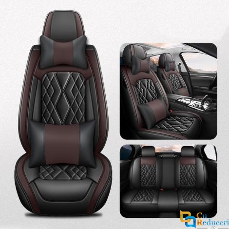Set huse scaune auto, universale, editie de lux, material piele ecologica, scaune fata, spate, tetiere, volan, perna lombara, perna cap, culoare negru cu maro, 16 piese