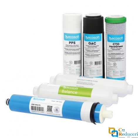 Set 5+1 cartuse, osmoza inversa premium, membrana 75 GPD, remineralizare Ca+Mg, standard 10''