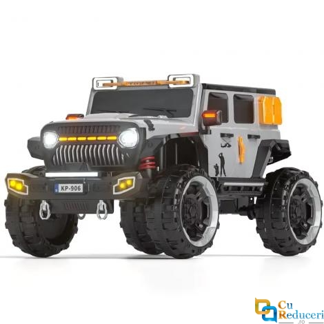 Masinuta electrica SUV pentru copii, 2 locuri, 4 motoare 550,  4x4, baterie 12V 7Ah, suspensii hidraulice, telecomanda pentru parinti, lumini LED, Bluetooth, Roti EVA, scaun piele ecologica, 137 x 77 x 74 cm, culoare gri